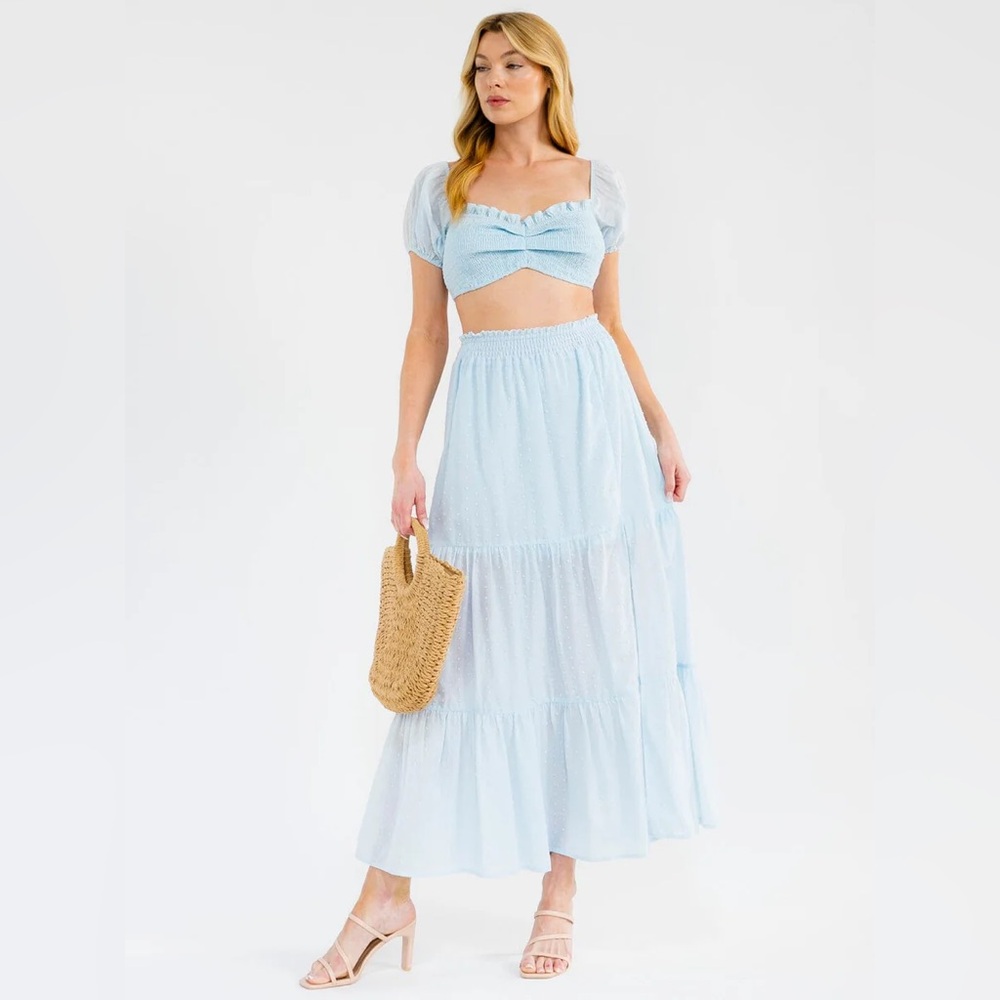 066 • Light Blue Tiered Maxi Skirt and Top Set | Top Maxi Skirt Swiss Dots Set